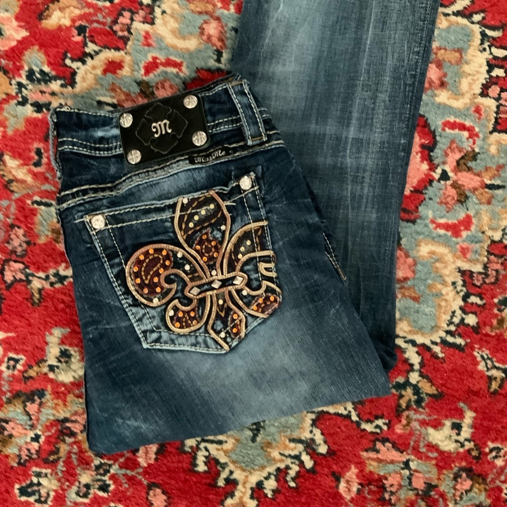 Miss Me JP589784V Fleur Di Lis Orange & White Sparkly Jeweled Signature Jeans
